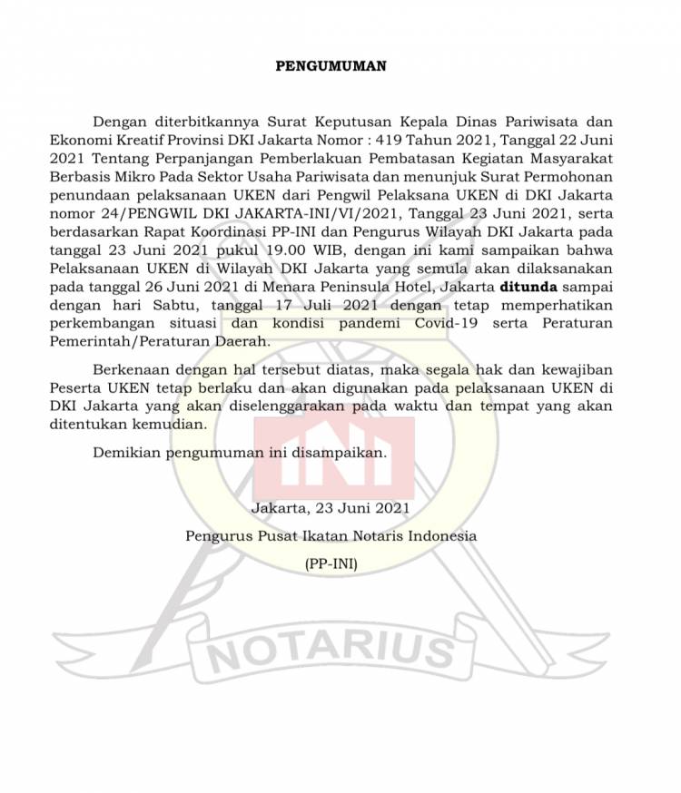 PENGUMUMAN TERKAIT UJIAN KODE ETIK NOTARIS 2021