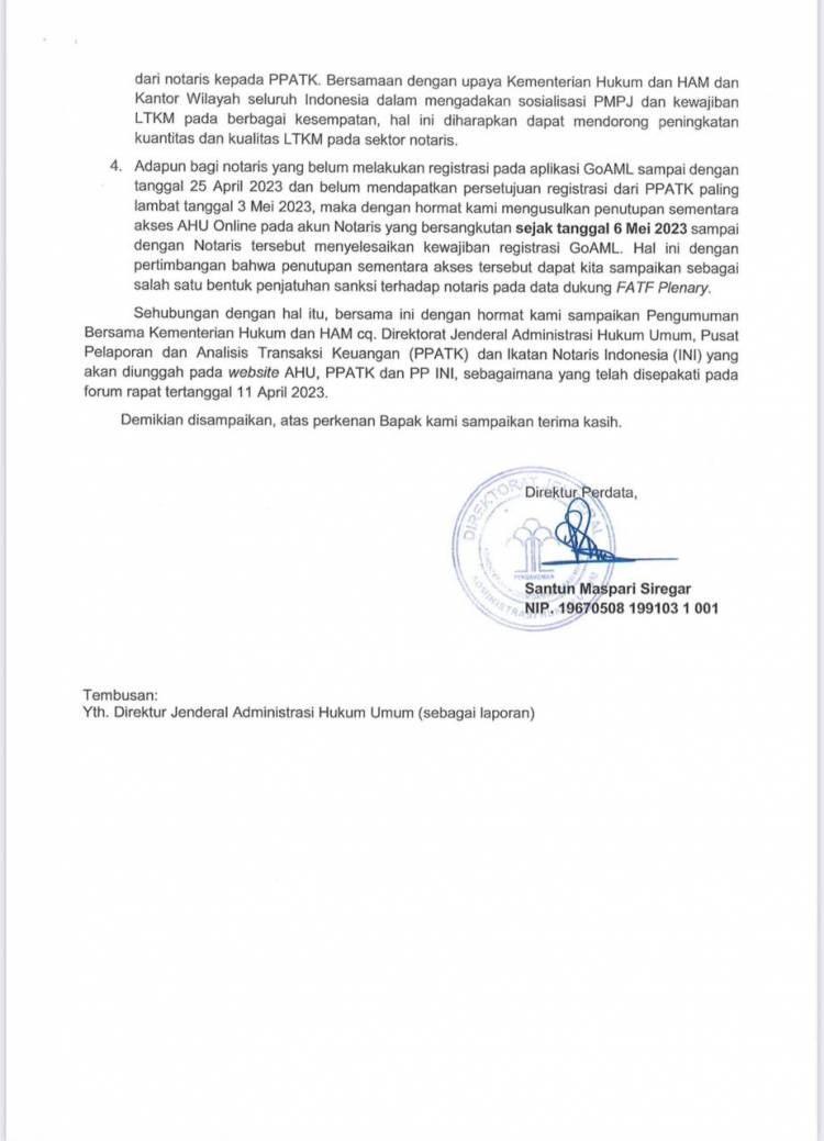 PENGUMUMAN BERSAMA KEMENTERIAN HUKUM DAN HAM CQ. DIREKTORAT JENDERAL ADMINISTRASI HUKUM UMUM, PUSAT PELAPORAN DAN ANALISIS TRANSAKSI KEUANGAN (PPATK) DAN IKATAN NOTARIS INDONESIA (INI) TERKAIT TINDAK LANJUT KEWAJIBAN NOTARIS MELAKUKAN REGISTRASI PADA APLIKASI GOAML