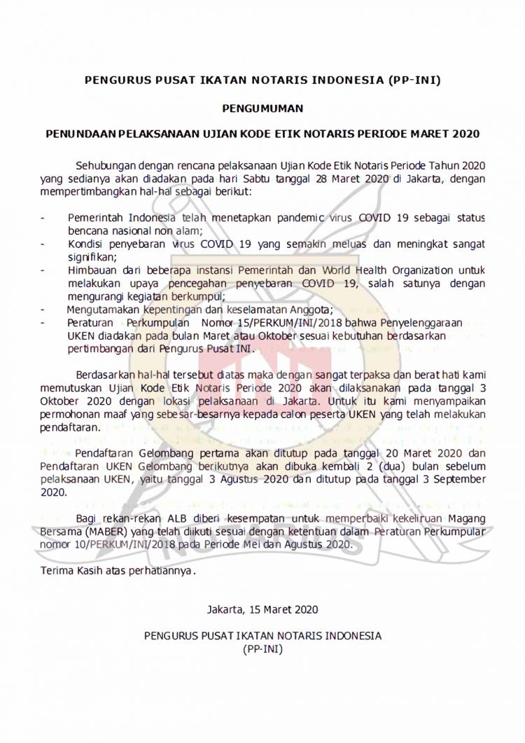 Penundaan Pelaksanaan Ujian Kode Etik Notaris Periode Maret 2020