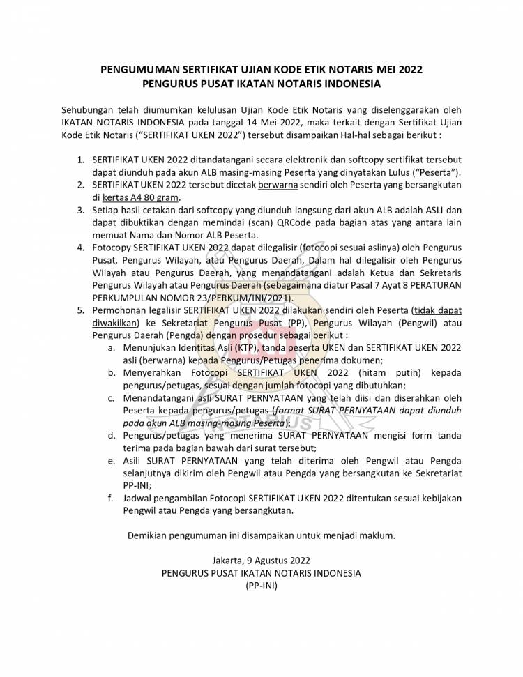 PENGUMUMAN SERTIFIKAT UJIAN KODE ETIK NOTARIS MEI 2022