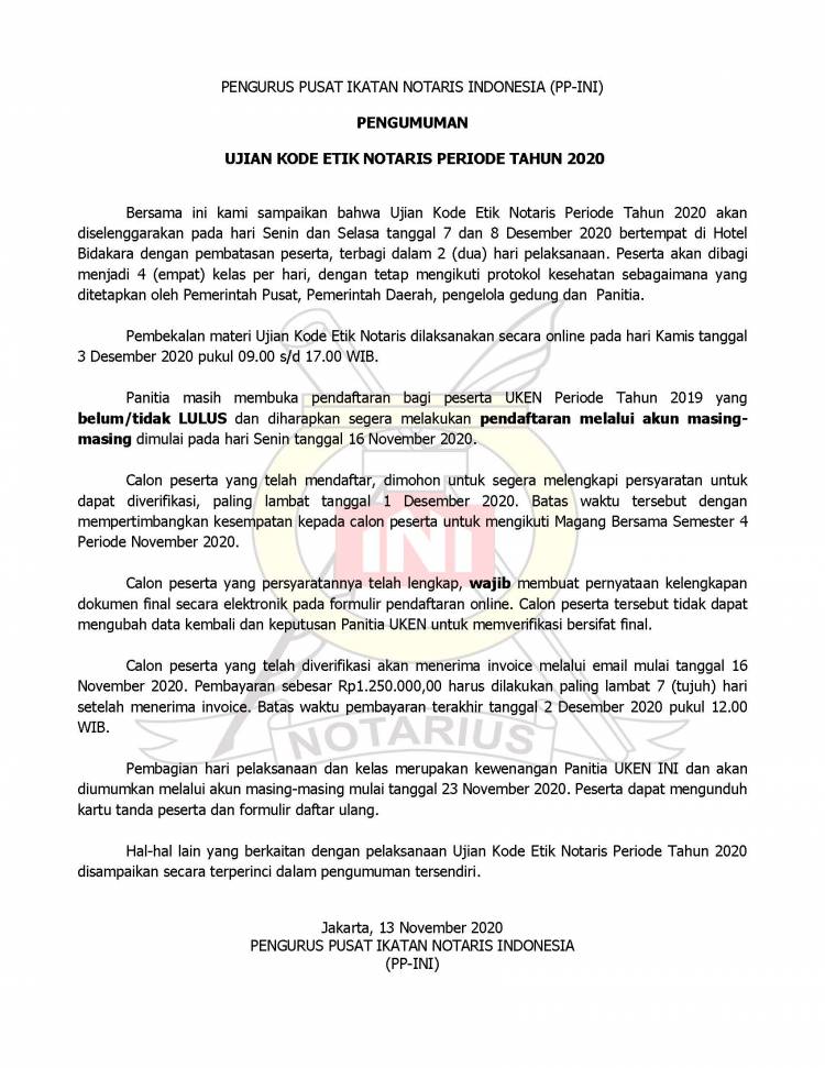 UPDATE :PENGUMUMAN UJIAN KODE ETIK NOTARIS PERIODE TAHUN 2020