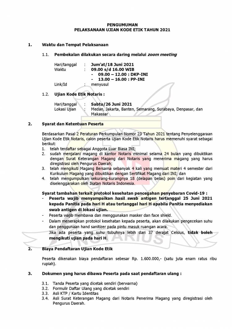PENGUMUMAN PELAKSANAAN UJIAN KODE ETIK TAHUN 2021