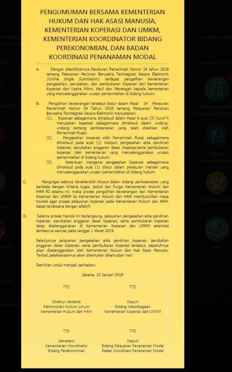 PENGUMUMAN BERSAMA KEMENTERIAN HUKUM DAN HAM, KEMENTERIAN KOPERASI DAN UMKM, KEMENTERIAN KOORDINATOR BIDANG PEREKONOMIAN, DAN BADAN KOORDINASI PENANAMAN MODAL