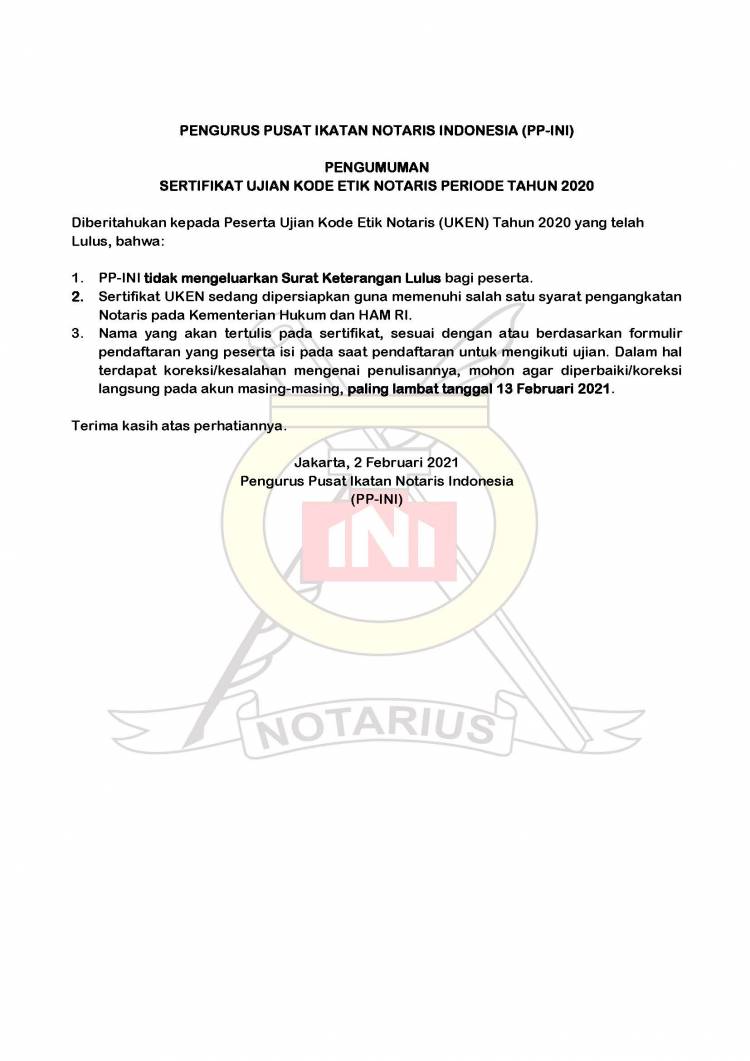 SERTIFIKAT UJIAN KODE ETIK NOTARIS 2020