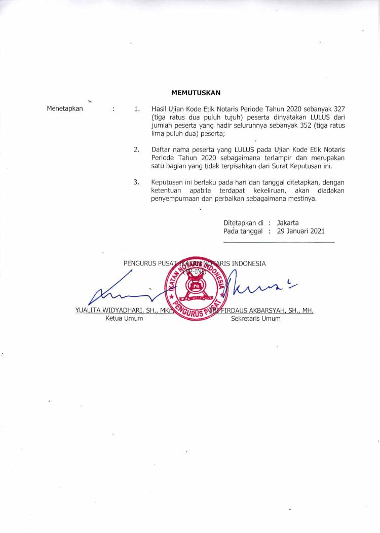 PENGUMUMAN HASIL UJIAN KODE ETIK NOTARIS 2020