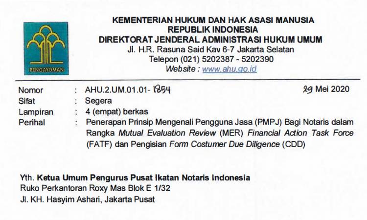SURAT DIREKTORAT JENDERAL ADMINISTRASI UMUM KEMENTERIAN HUKUM DAN HAK ASASI MANUSIA NOMOR AHU.2.UM.01.01-1854 TANGGAL 29 MEI 2020