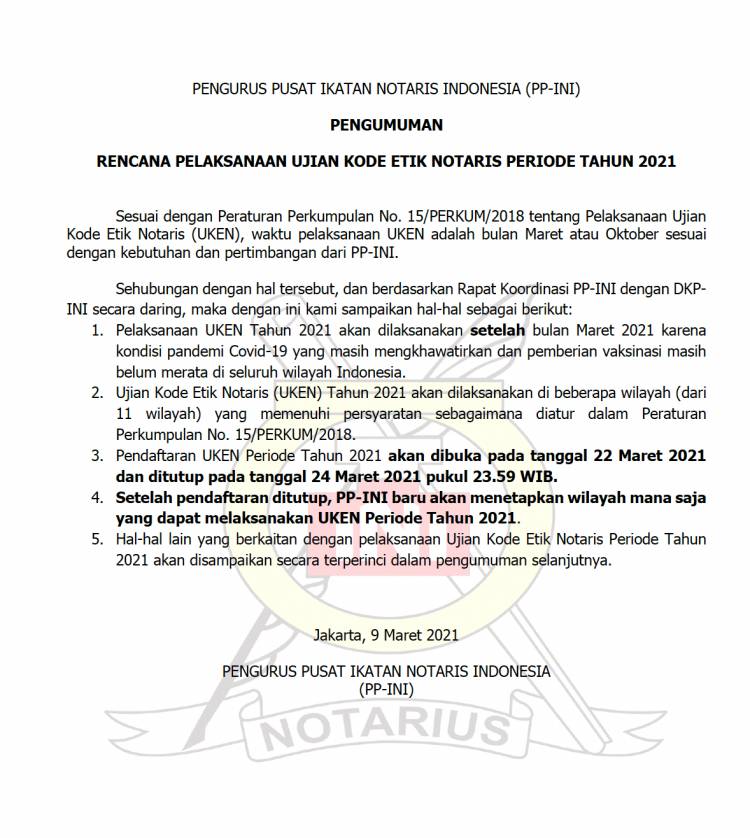 RENCANA PELAKSANAAN UJIAN KODE ETIK NOTARIS PERIODE TAHUN 2021
