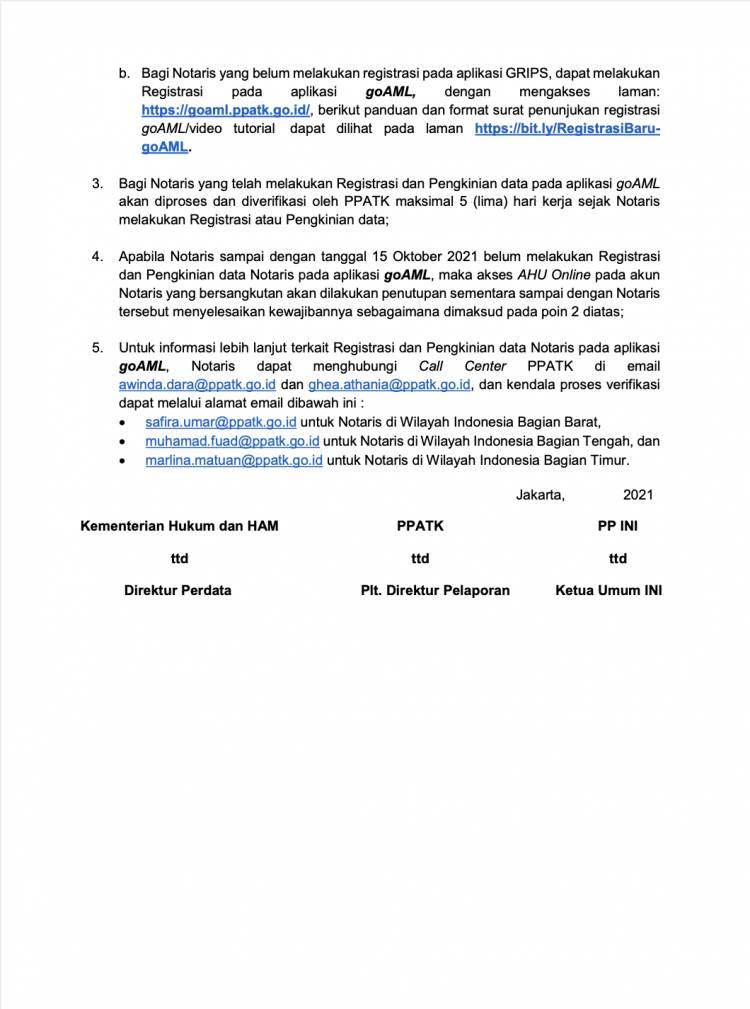 PENGUMUMAN BERSAMA KEMENTERIAN HUKUM DAN HAM CQ. DIREKTORAT JENDERAL ADMINISTRASI HUKUM UMUM PUSAT PELAPORAN DAN ANALISIS TRANSAKSI KEUANGAN (PPATK) DAN IKATAN NOTARIS INDONESIA (INI) TENTANG TINDAK LANJUT KEWAJIBAN NOTARIS MELAKUKAN PENGKINIAN DATA ATAU REGISTRASI PADA APLIKASI goAML