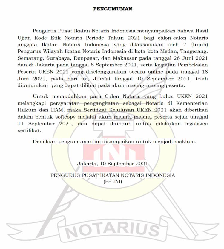 PENGUMUMAN HASIL UJIAN KODE ETIK NOTARIS 2021
