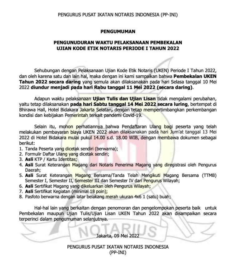 PENGUMUMAN KODE ETIK NOTARIS PERIODE I TAHUN 2022 (UPDATE)