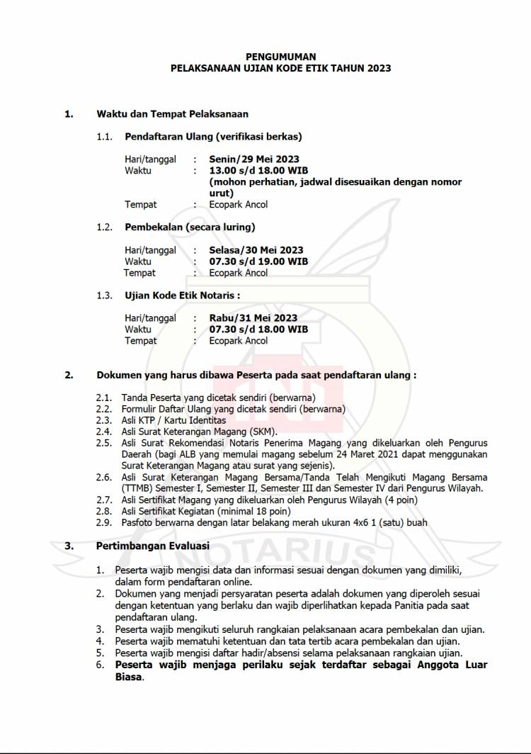 PENGUMUMAN UJIAN KODE ETIK NOTARIS PENGURUS PUSAT IKATAN NOTARIS INDONESIA 2023