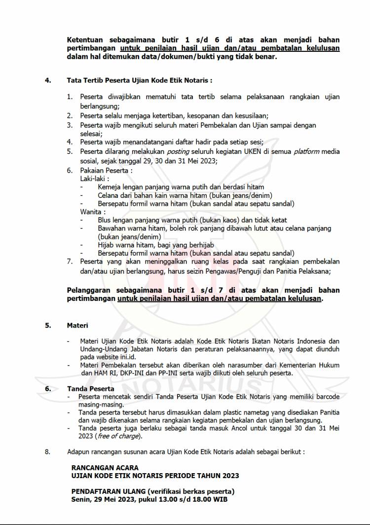 PENGUMUMAN UJIAN KODE ETIK NOTARIS PENGURUS PUSAT IKATAN NOTARIS INDONESIA 2023