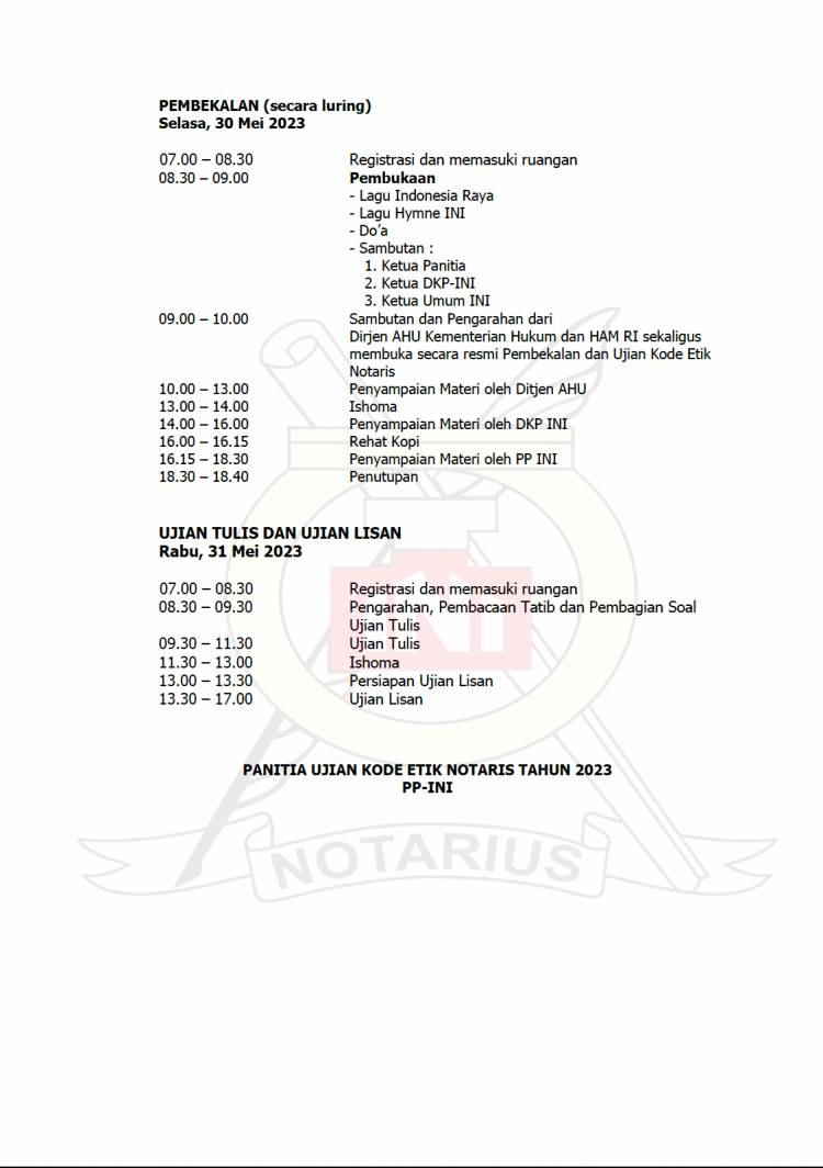 PENGUMUMAN UJIAN KODE ETIK NOTARIS PENGURUS PUSAT IKATAN NOTARIS INDONESIA 2023