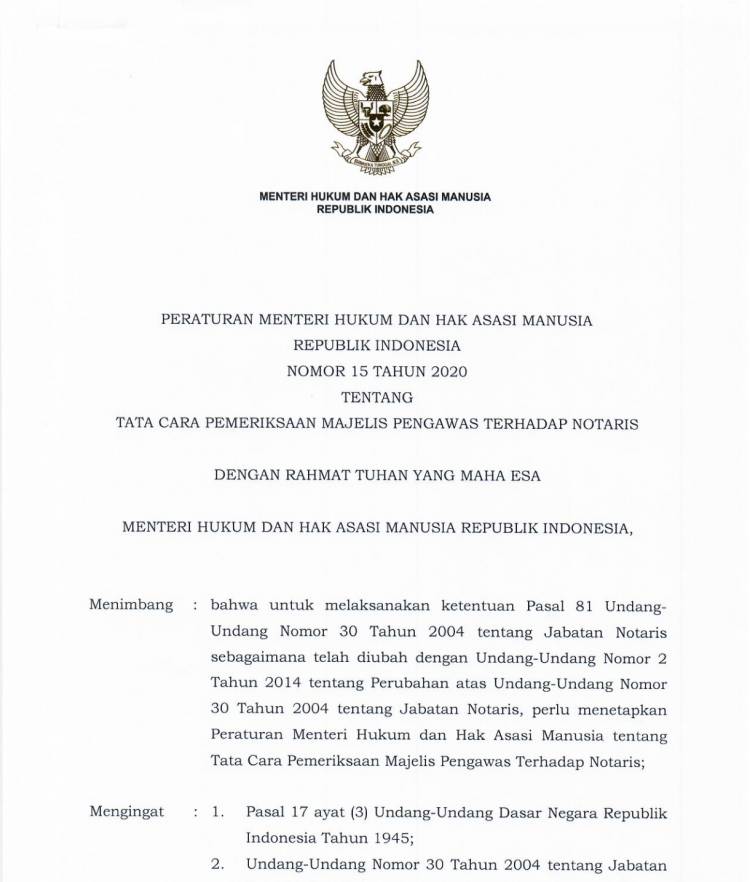 Peraturan Menteri Hukum dan Hak Asasi Manusia Nomor 15 Tahun 2020 Tentang Tata Cara Pemeriksaan Majelis Pengawas Terhadap Notaris