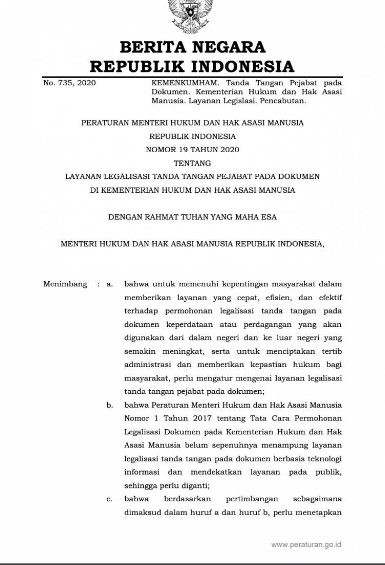 Peraturan Menteri Hukum dan Hak Asasi Manusia Nomor 19 Tahun 2020 Tentang Layanan Legalisasi Tanda Tangan Pejabat Pada Dokumen Di Kementerian Hukum Dan Hak Asasi Manusia
