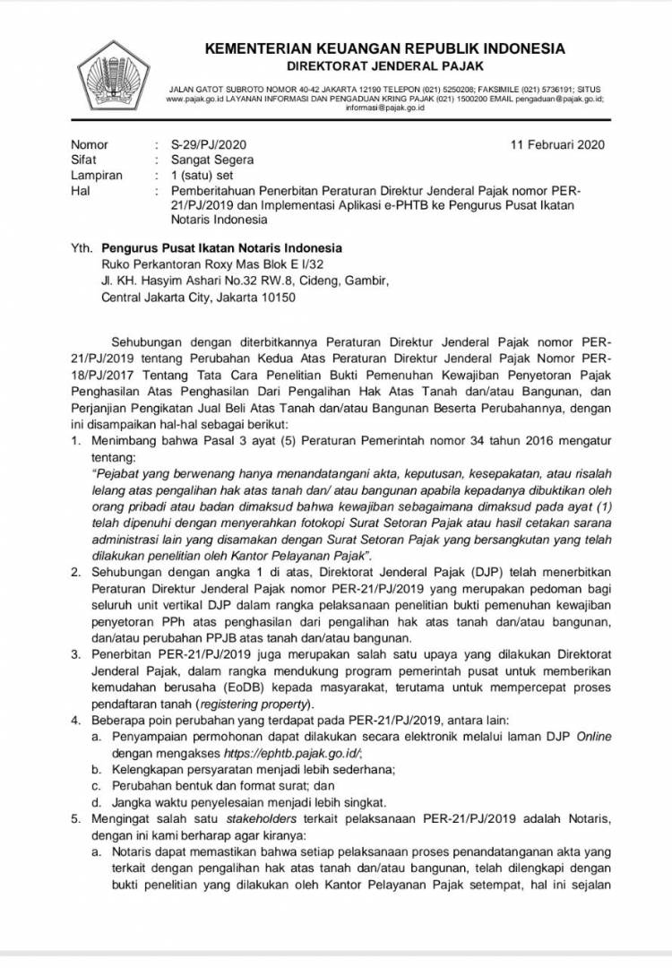 Pemberitahuan Penerbitan Peraturan Direktur Jenderal Pajak nomor PER21/PJ/2019 dan Implementasi Aplikasi e-PHTB