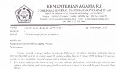 SE MENTERI AGAMA NOMOR B 2674 TAHUN 2017 Tentang Pencatatan Perjanjian Kawin