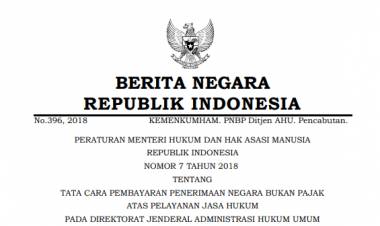 PERATURAN MENTERI HUKUM DAN HAK ASASI MANUSIA REPUBLIK INDONESIA NOMOR 7 TAHUN 2018 TENTANG TATA CARA PEMBAYARAN PENERIMAAN NEGARA BUKAN PAJAK ATAS PELAYANAN JASA HUKUM