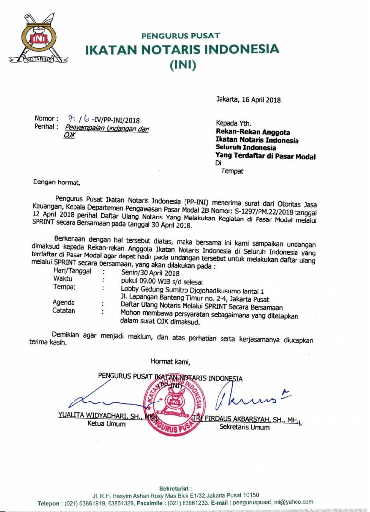 Surat PP INI kepada Notaris yang terdaftar di Pasar Modal