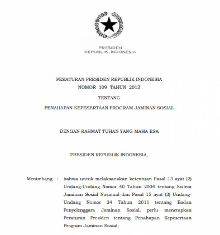 PP No. 109 Tahun 2013 Tentang Kepesertaan Program Jaminan Sosial
