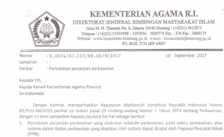 SE MENTERI AGAMA NOMOR B 2674 TAHUN 2017 Tentang Pencatatan Perjanjian Kawin