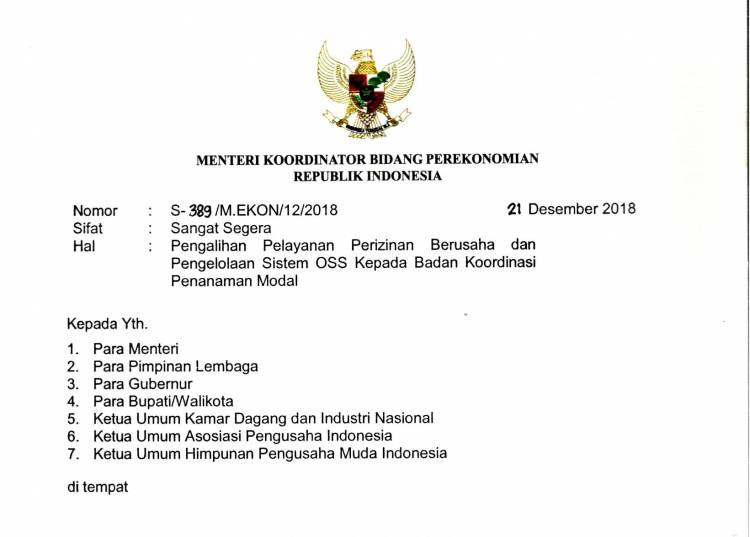 Surat Menteri Koordinator Perekonomian Republik Indonesia