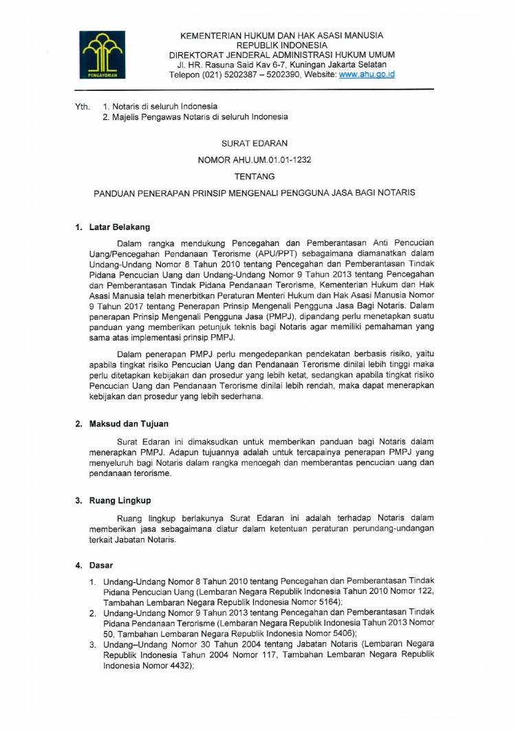 SE No. AHU.UM.01.01-1232 Tentang Panduan Penerapan Prinsip Mengenali  Pengguna Jasa Bagi Notaris
